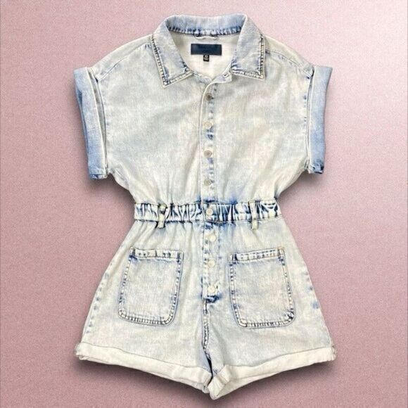BlankNyc Rompers Womens Sz XS Acid Wash Blue Denim Short Sleeve Pockets Jumpsuit - Picture 2 of 12